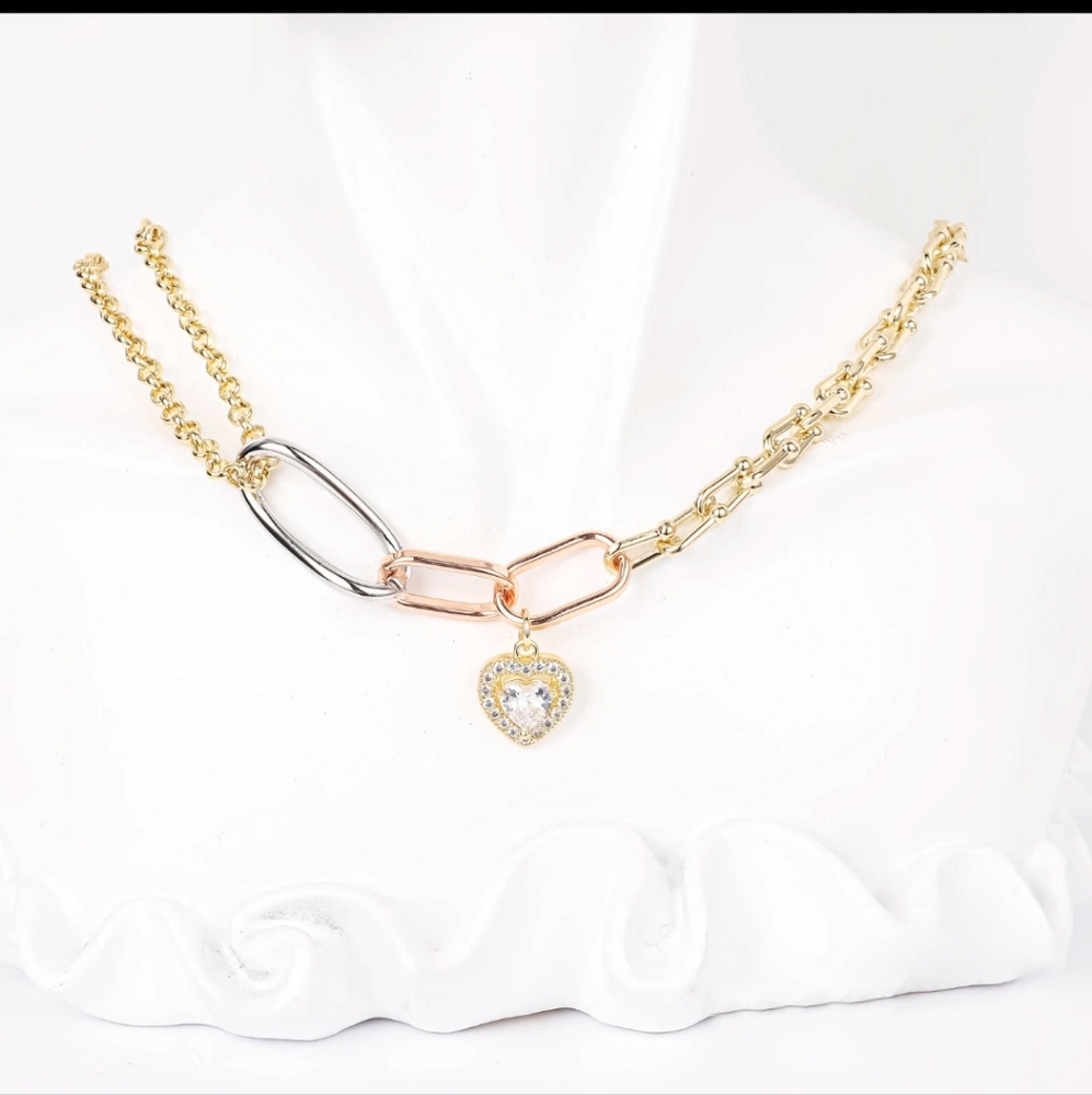 14k White Gold Plated Tri Color Rose Gold,Gold and Silver Heart Pendant Necklace